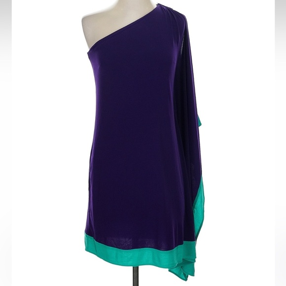 Vintage Cache One-Shoulder Stretch Dress in Purple & Teal Gold Buckle Size XS - Picture 4 of 7